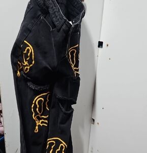 SHEIN Black and Gold Skinny Jeans with Embroidered Design